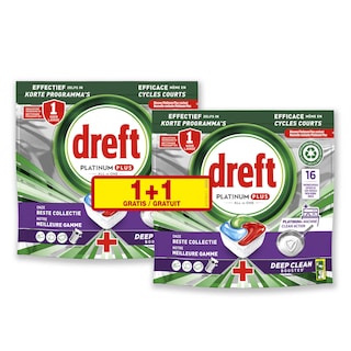 Dreft | Tablettes Lave-Vaisselle+ Nettoyant | Platinum + | 2x16t | Promopack 1+1 