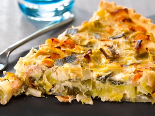 Quiche met prei en grijze garnalen