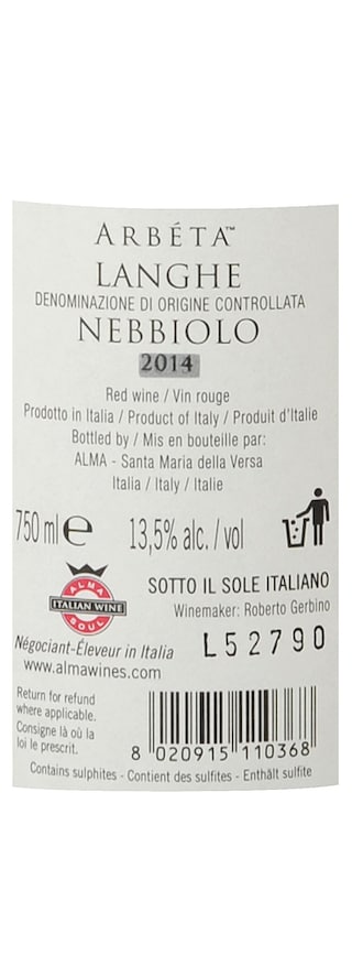 Italie - Italië | Piemonte Langhe Doc | Arbeta Nebbiolo Langhe 14 Rouge 