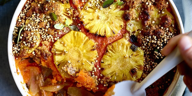 Exotische hachis parmentier met eend en crumble van quinoa