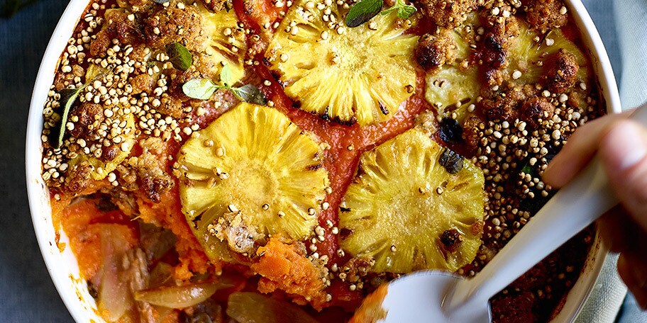 Exotische hachis parmentier met eend en crumble van quinoa