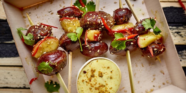 Brochettes aux gésiers de canard et aux pommes