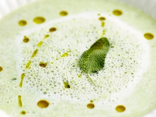 Velouté d’amandes, sauge et huile de pépins de courge