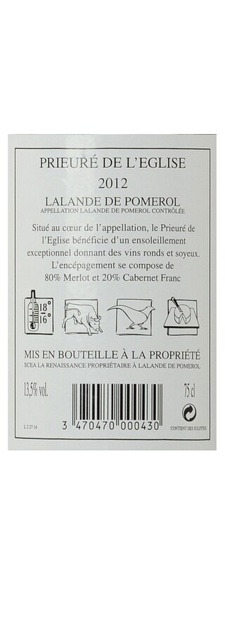 FR BORDEAUX LALANDE DE POMEROL | CHATEAU LE PRIEURE DE L EGLISE 2012 