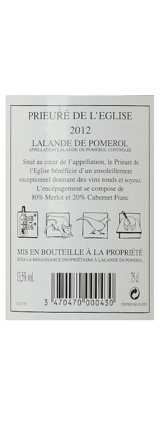 FR BORDEAUX LALANDE DE POMEROL | CHATEAU LE PRIEURE DE L EGLISE 2012 