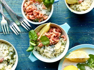 Risotto aux crevettes grises, cresson de fontaine et citron