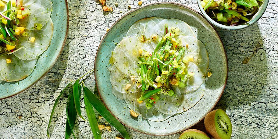 Kabeljauwcarpaccio met een salade van Zespri kiwi’s