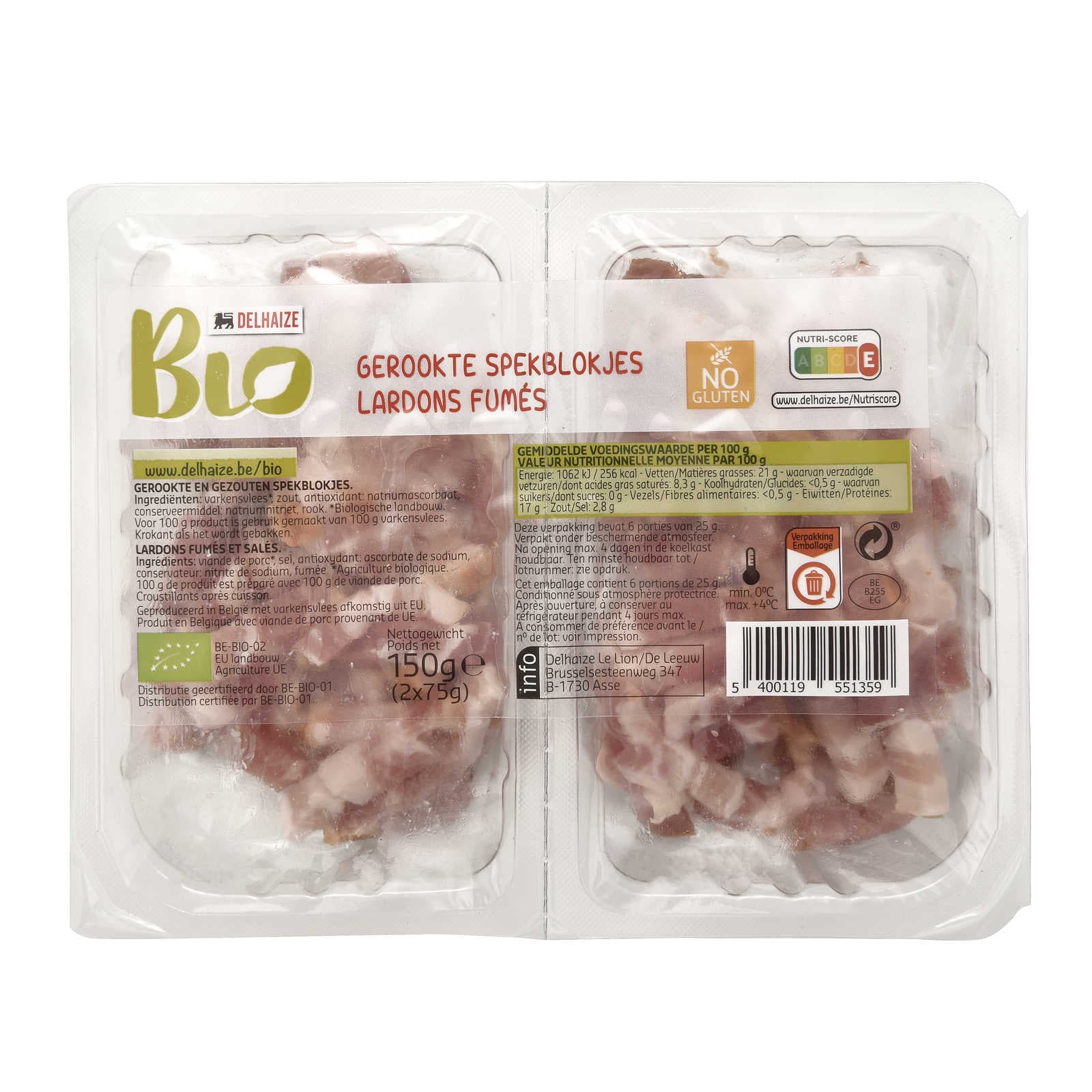 Delhaize | Bio | Gerookte Spekblokjes | Bio | 150 Gr | Delhaize