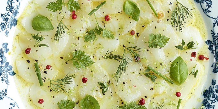 Carpaccio van sint-jakobsnootjes met tuinkruiden en citroendressing