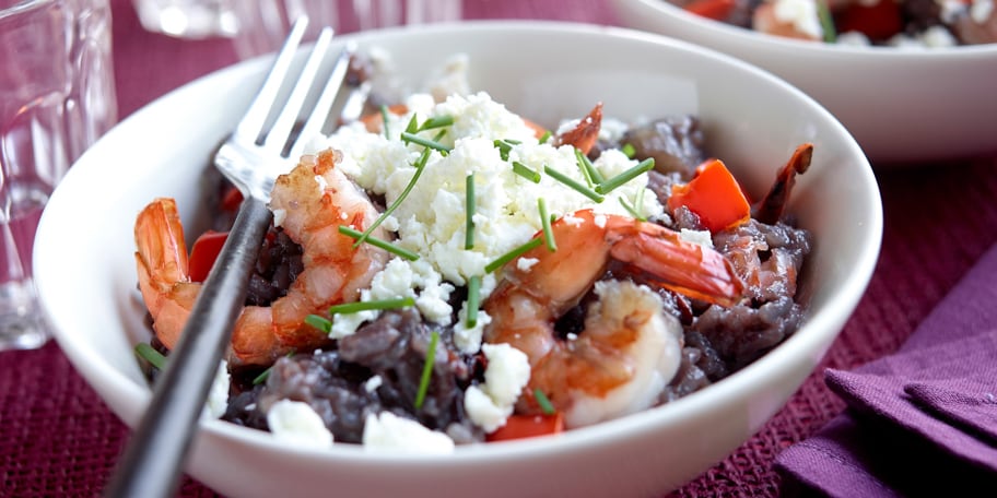 Pilaf de riz violet aux scampis et au chèvre frais