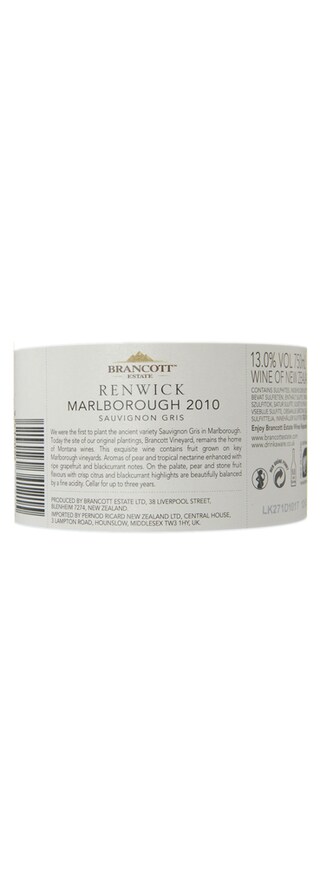 New Zealand | BRANCOTT | RENWICK R SAUVIGNON GRIS 2010 WIT 