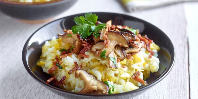 Risotto aux poireaux, jambon et shiitakes