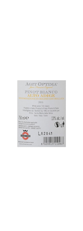 Italie - Italië | Lombardia - Alto Adige D.O.C. | Agit Optima Pinot Bianco 15 Wit 