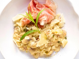 Risotto à l'huile de truffe, champignons et pancetta