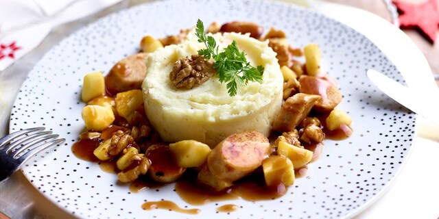 Gebakken vegetarische pensen met appels, noten en Luikse siroop