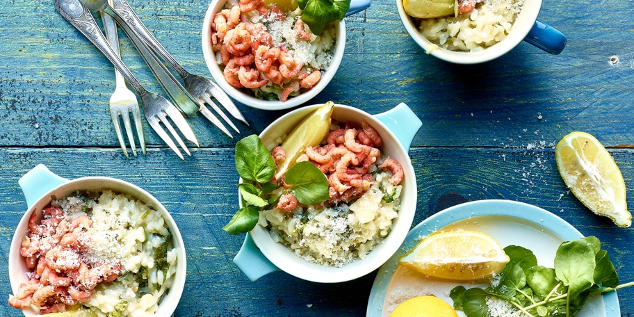 Risotto met grijze garnalen, waterkers en citroen