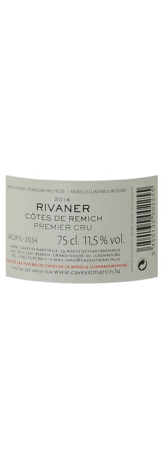 LUXEMBOURG - MOSELLE | Moselle - Vin Classé | Rivaner 1er cru 2014 Blanc 