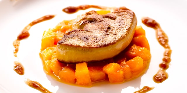Foie gras et melon poêlés, sauce exotique
