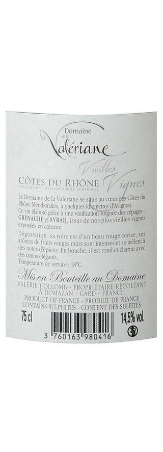 FR COTES DU RHONE | Côtes du Rhône AC | Valérianne Vieilles Vignes 2014 Rouge 