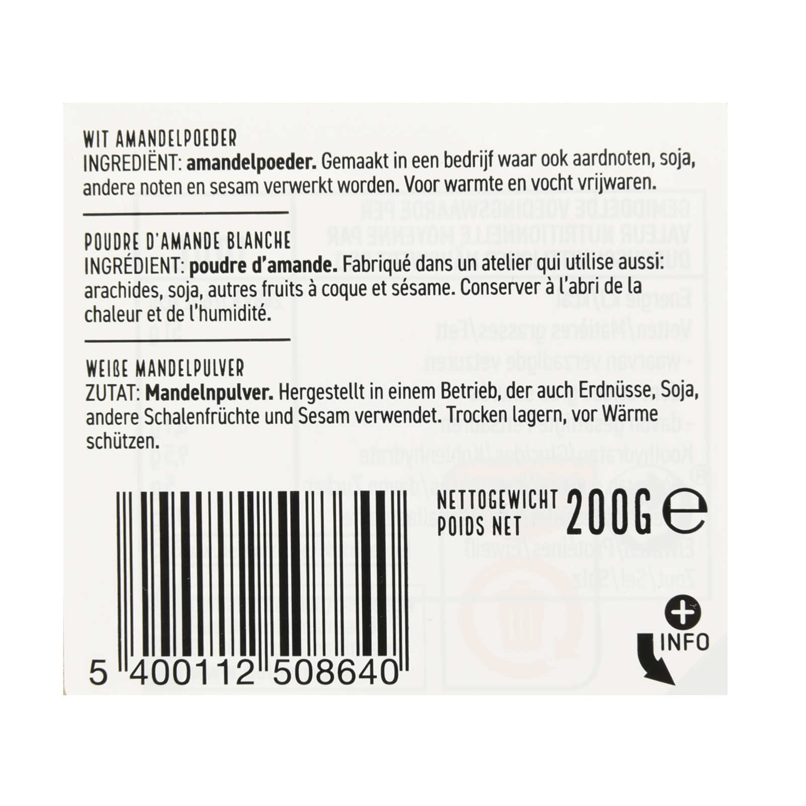 Poudre d'amande blanche - Delhaize - 200 g