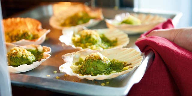 Sint-jakobsschelpen gebakken met pistachenotenolie, citroencrumble