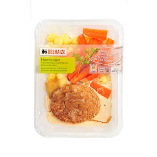 Delhaize | Burger | Pepersaus | Wortelen | Aardappelen 
