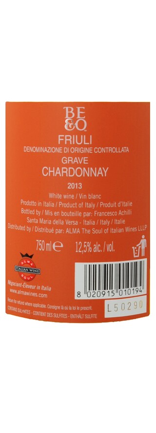 Italia | Friuli DOC | BE&O Chardonnay 2013 Wit 