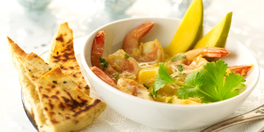 Scampipannetje, romige saus met mango en kokosmelk