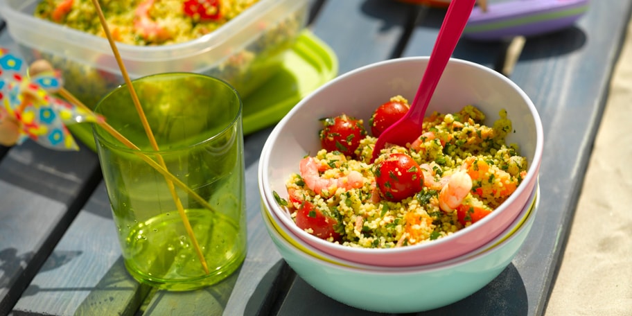 Taboulé aux crevettes et au thon.