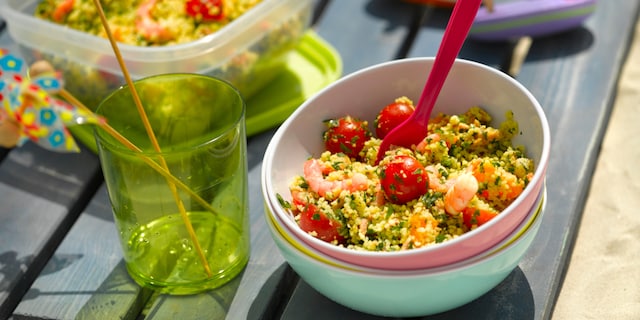 Taboulé aux crevettes et au thon.