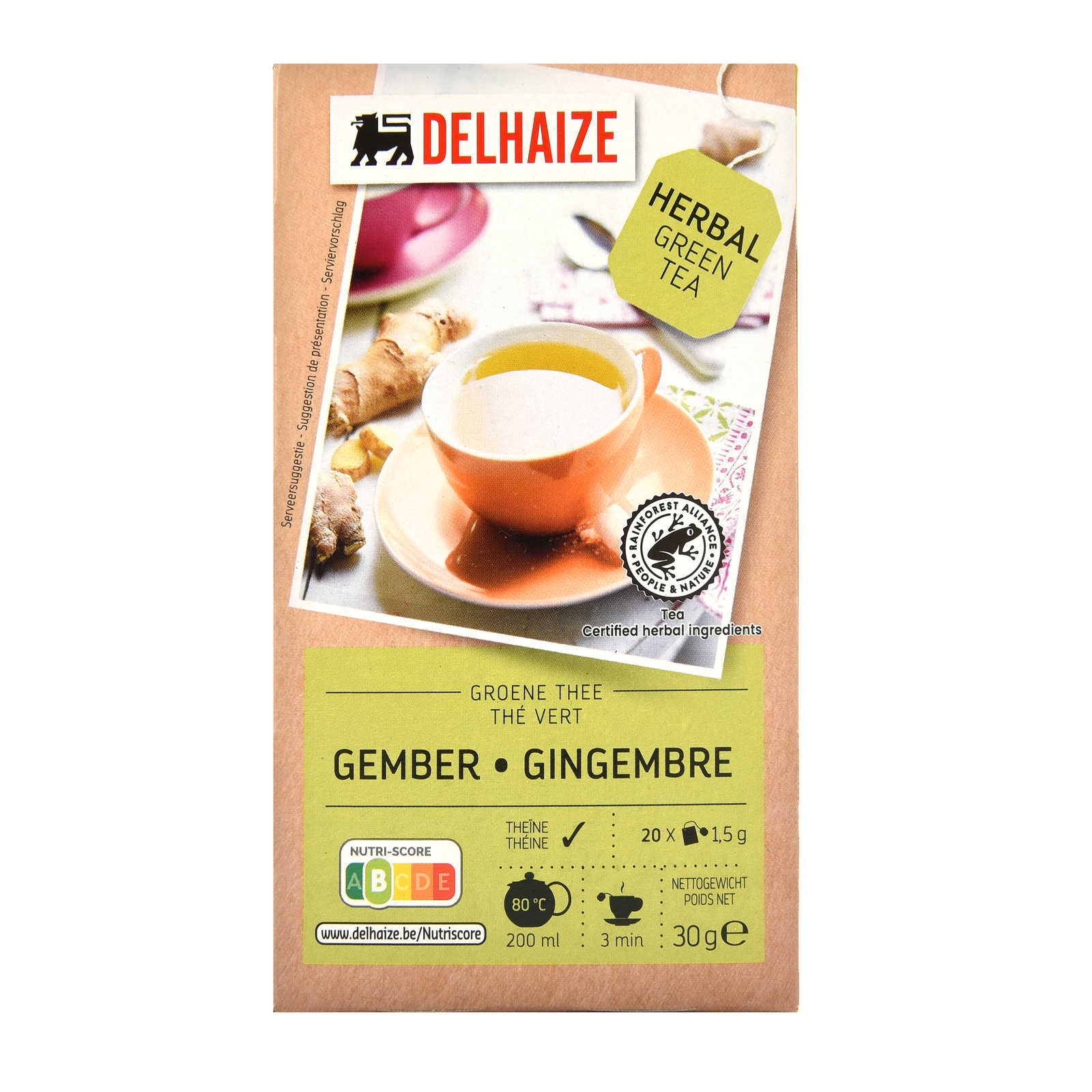 Delhaize Thee Groen Gember Zakjes 30 gr Delhaize