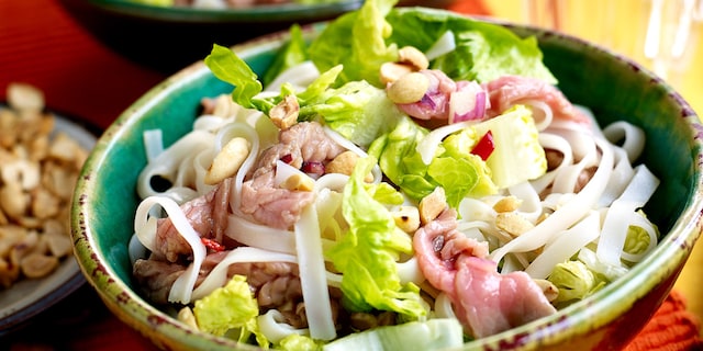 Salade van noedels met rundvlees en gember