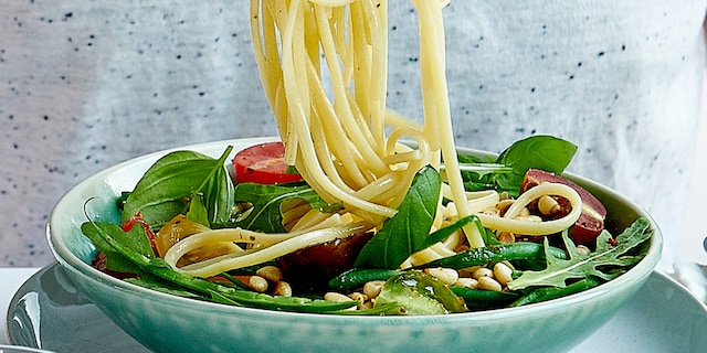 Pasta met snijboontjes en tomaatjes