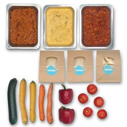 Vedgebag | 3 repas | Bolognaise | Penne | Chili sin Carne | Riz Basmati | Indian curry | Légume