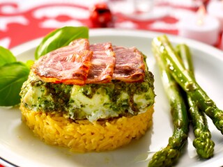 Groene kabeljauwmoot met krokante pancetta