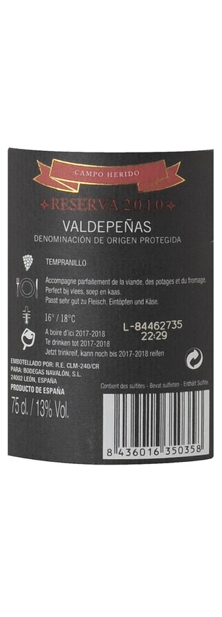 Espagne - Spanje | Valdepenas DOP | Valdepenas Reserva Campo Herido Rood 