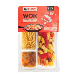 Delhaize | Wokgarnalen | zoetzure saus | noedels 