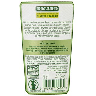 Ricard | Pastis | Plantes fraîches | 45% alc 70 cl