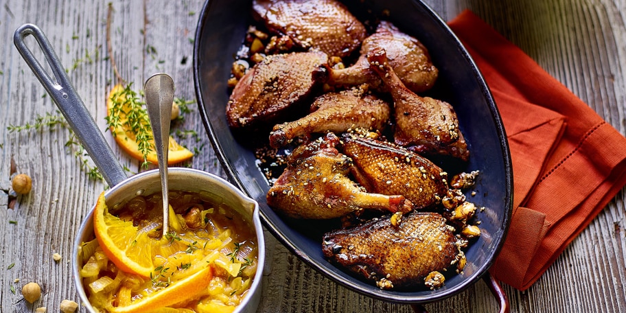 Wilde eend, gekonfijte droge vruchten, pastinaakpuree