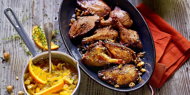 Wilde eend, gekonfijte droge vruchten, pastinaakpuree