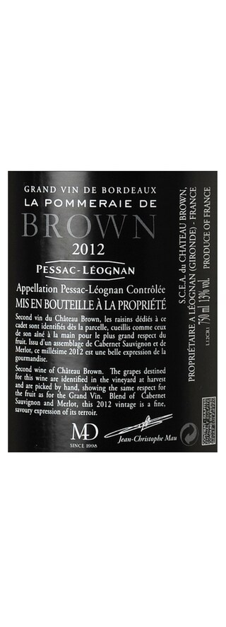 FR BORDEAUX PESSAC LEOGNAN | Bordeaux - Pessac Leognan | Pommeraie de Brown 2012 Rouge 