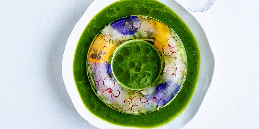 Gazpacho de concombre et glaçons aux fleurs