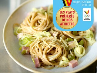 Spaghettis complets au jambon et aux poireaux