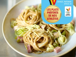 Spaghettis complets au jambon et aux poireaux