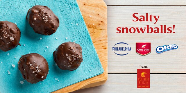 Gezouten sneeuwballen met Côte d'Or chocolade, Oreo & Philadephia.