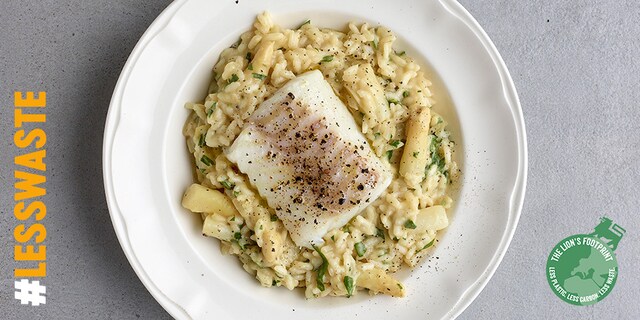 Risotto met witte asperges en kabeljauwhaasje