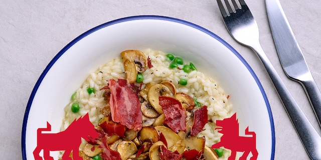 Risotto facile aux champignons et au lard croustillant