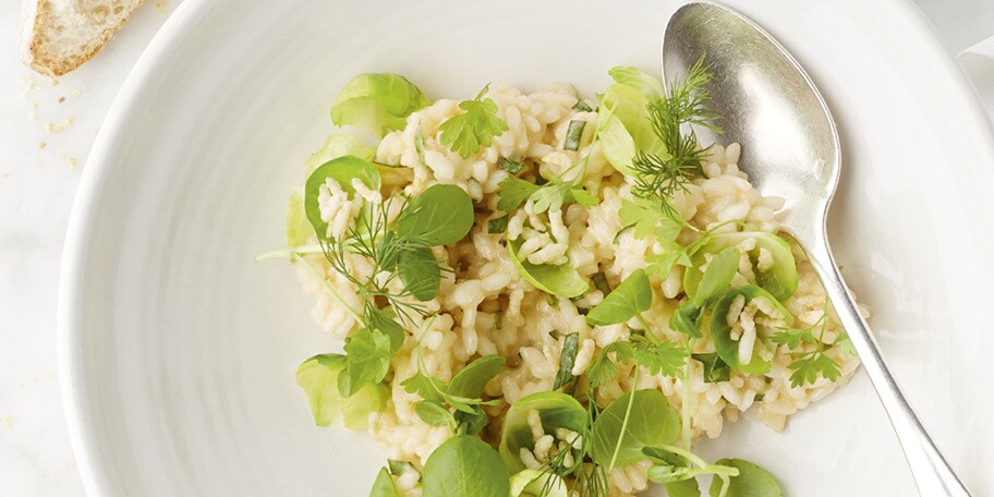 Risotto van spruiten met oude kaas en waterkers