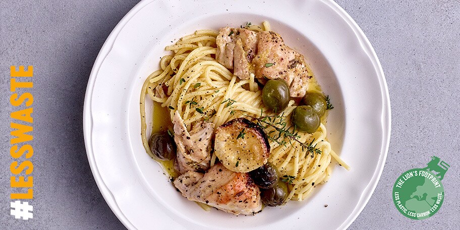 Spaghetti au poulet, olives et citrons rôtis