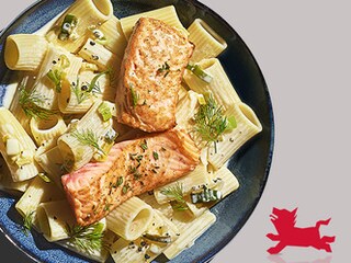 Rigatoni met prei en verse zalm